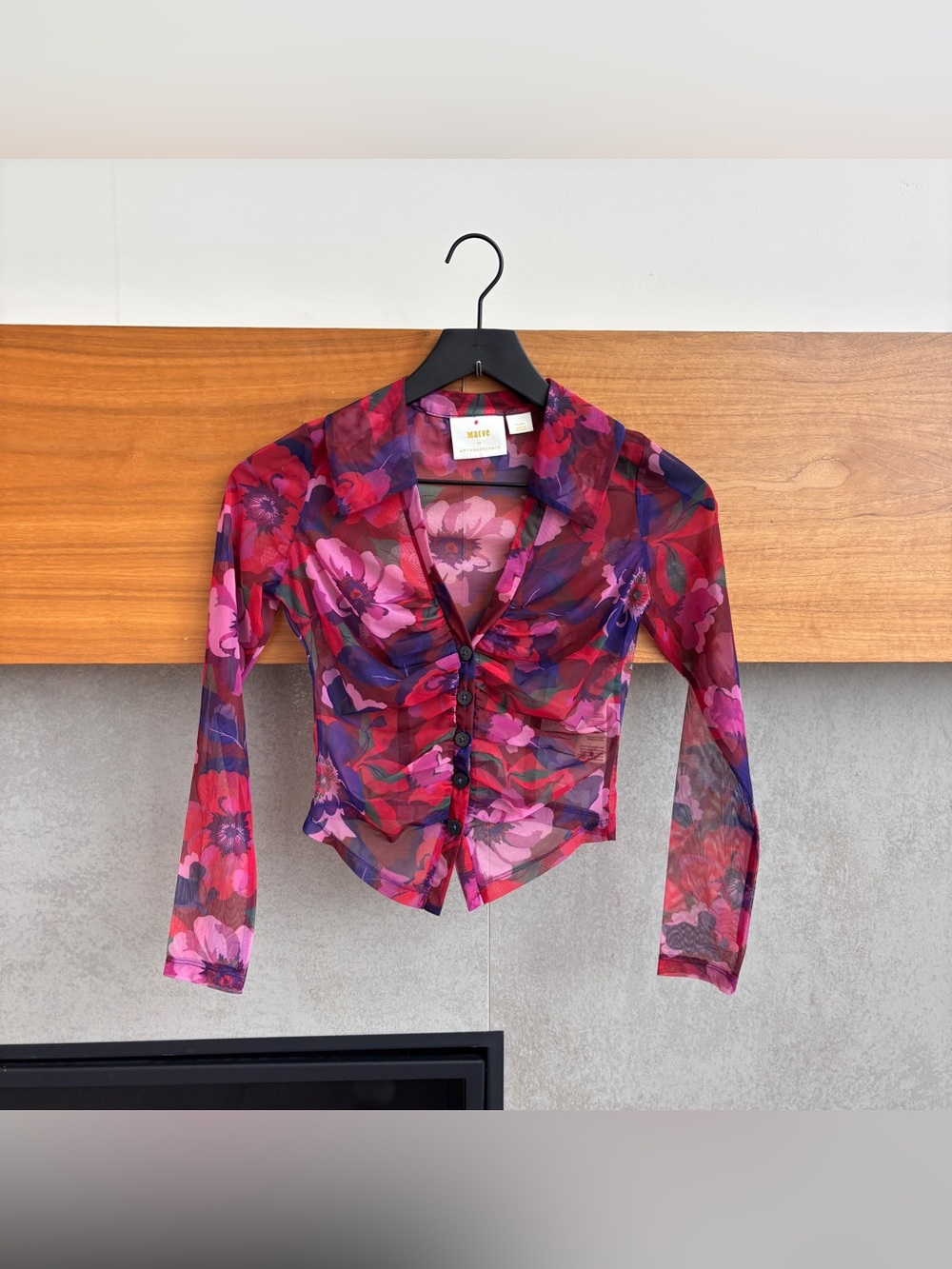 NWOT Maeve Sheer Ruched Buttondown Blouse In Multicolor, Size XXS/P